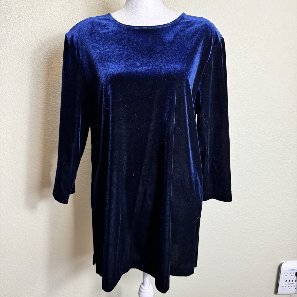 R&M Richards Petite Women's Top Tunic Velvet Navy Shoulder Pads 3/4 Sleeves 10P